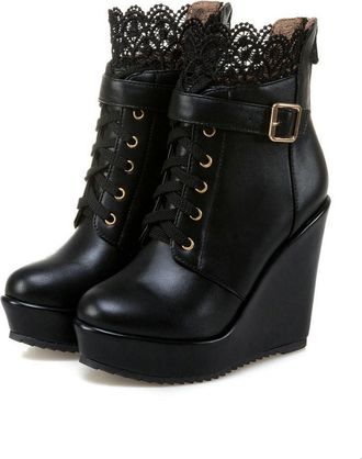 Generic Womens Wedge Heel Ankle Boots, Warm Lined Autumn Winter Wedge Boots with Lace Trim Platform Ankle Boots Round Toe Shoes for Everyday Wear Outdoor Acti