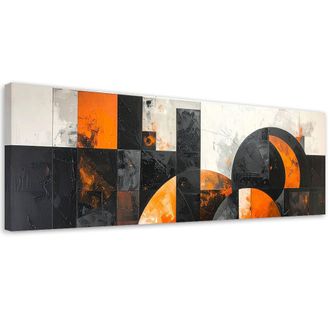Feeby Cuadro Sobre Lienzo, Abstracci&oacute;n C&iacute;rculos Negro Naranja, 120x40