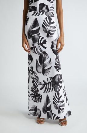 L'agence Zeta Palm Satin Maxi Skirt in Black/White Palm Leaves at Nordstrom, Size Xx-Large
