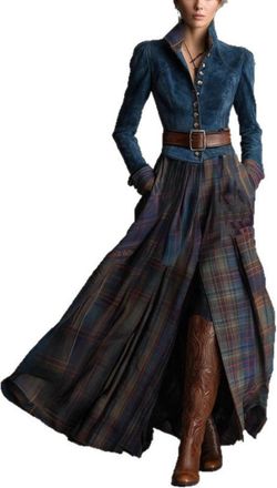 Generic Womens Faux Suede Plaid Maxi Dress Long Sleeve with Deep V-Neck and Flared Skirt Vintage Style Dress (Blue,XXL)