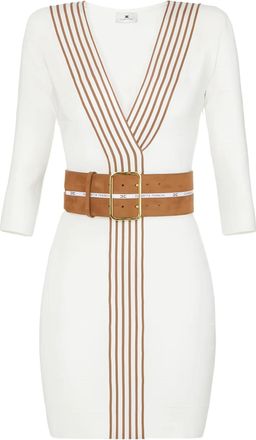 Elisabetta Franchi Fitted White Brown Stripe Belted Dress