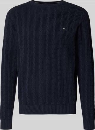 Fynch-Hatton Fynch-Hatton Strickpullover mit Zopfmuster und Label-Stitching in Marine, Gr&ouml;&szlig;e 3XL