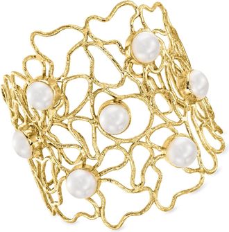 Ross-Simons 10mm Cultured Pearl Openwork Cuff Bracelet in 18kt Gold Over Sterling