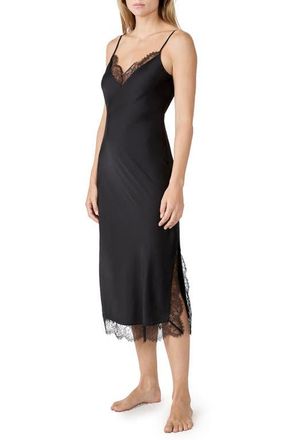 Etam Confidence Lace Trim Stretch Satin Chemise in Black at Nordstrom, Size Medium
