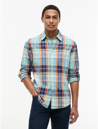 Tommy Hilfiger Mens Regular Fit Madras Linen-Blend Shirt - Green - XXL