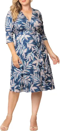 Kiyonna Signature A-Line Wrap Dress in Teal Botanical Print at Nordstrom, Size 4X