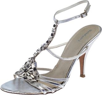 Baldinini Metallic Silver Leather Crystal Embellised Ankle Sandals