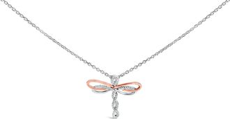 House of Brilliance 14K Rose Gold Plated Sterling Silver 1/10 Cttw Diamond Dragonfly Pendant Necklace