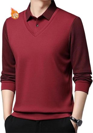 Generic Sempornai Striped Lapel Fake Two-Piece Shirt, Mens Faux Two Piece Lapel Long-Sleeve Tops, Business Casual Base Layer Shirt (Plush-Red,L)