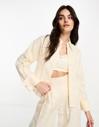 & Other Stories linen raw edge shirt with pearl detail in off-white - part of a set