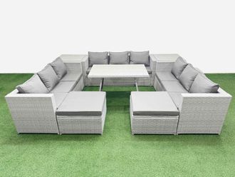 Fimous 11 Seat Patio PE Rattan Garden Furniture with 2 Side Tables 2 Stools in Light Grey