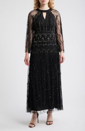 Pisarro Nights Illusion Long Sleeve Beaded A-Line Gown in Black at Nordstrom, Size 16