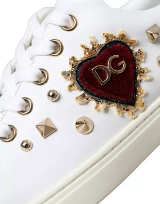 Dolce & Gabbana Womens White Leather Gold Red Heart Sneakers Shoes Calf