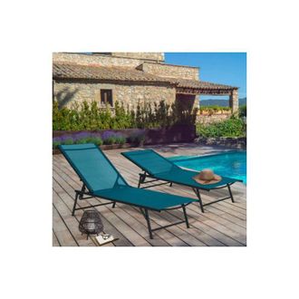 IDMarket Lote De 2 Tumbonas De Jard&iacute;n Reclinables Kailua De Acero Gris Antracita Y Tela Azul Pato