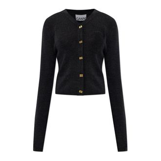 Ganni Cardigans, female, Black, Size: XS Wool Cardigan with Embroidered Logo