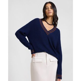 Onia Deep V-neck Varsity Pullover Sweater in Noir Navy/chestnut at Nordstrom, Size X-Small