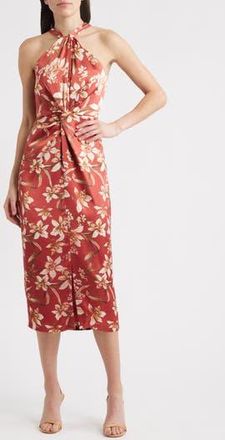 Eliza J Floral Center Twist Sheath Midi Dress in Rust at Nordstrom Rack, Size 16