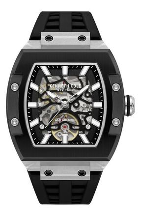 Kenneth Cole Skeleton Tonneau Automatic Silicone Strap Watch, 41.5mm x 53.5mm in Black at Nordstrom