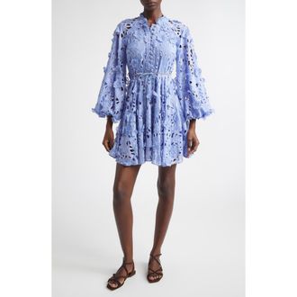 Zimmermann Patience Embroidered Long Sleeve Eyelet Minidress in Jacaranda at Nordstrom, Size 0P