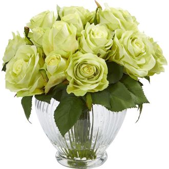 Nearly Natural 9-in Rose Artificial Floral Arrangement in Elegant Glass Vase in Green at Nordstrom