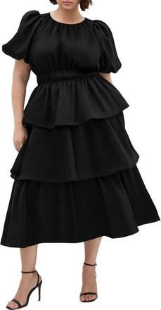 City Chic Heavenly Tiered Puff Sleeve Midi Dress in Black at Nordstrom, Size Xxxs