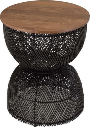 Macabane Mesa auxiliar de rat&aacute;n negro con tablero de madera de teca reciclada