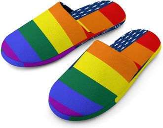 Generic Rainbow Flag LGBT U.S.A Mens Cozy Memory Foam Slippers Warm Cotton House Shoes Comfy Slipper for Indoor Outdoor