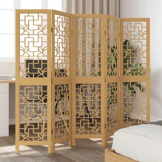 vidaXL Biombo Separador De 5 Paneles Madera Maciza Paulownia Marr&oacute;n Vidaxl