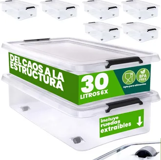 Deuba Caja Almacenamiento Pl&aacute;stico Transparente Resistente Capacidad 30 &Oacute; 60 Litros Organizador Con Tapa 4 Ruedas Libre De Bpa Contenedor Apilable 6x 30l (d