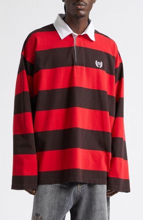 Balenciaga Laurel Embroidered Stripe Mixed Media Rugby Polo in 1273 Dark Brown/Red at Nordstrom, Size X-Large