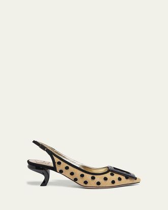 Roger Vivier 55mm Virgule Embroidered Dots Raffia and Suede Slingback Pumps