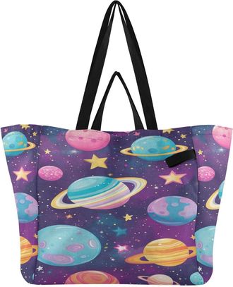 Generic Pink Planet Star print Reusable Canvas Tote Bag, Heavy Duty Grocery Shopping Bag with Hard Bottom Large Capacity Double Handles Work Groceries Travel