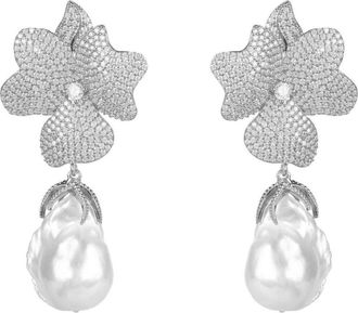 Latelita London Baroque Pearl White Flower Drop Earring Silver