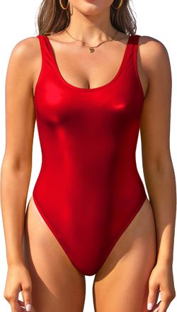 SHEKINI Womens Metallic Shiny Bathing Suit Scoop Neck Backless One Piece Swimsuits Non Padded Low Back Swimwear, Red, Medium