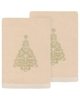 Linum Home Textiles Set Of 2 Christmas Tree Embroidered Luxury 100% Turkish Cotton Hand Towels
