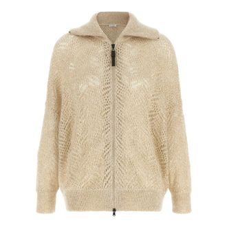 Brunello Cucinelli Dazzling Abstract Leaf Vest - Dames - Truien - Beige - Maat: L Wol