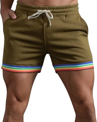 Generic Mens Summer Cotton Shorts 2024 Solid Color Rainbow Pants Gay Shorts for Men Pride Shorts with Drawstring Elasticated Waist Sports Shorts Casual Loose 