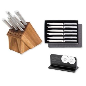 Rada Essential Oak 8 Piece Knife Block Set with Knife Sharpener & 6 Piece Steak Knife Set in Silver at Nordstrom