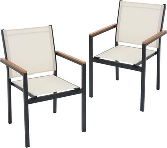 ML Design Ml-design 2x Sillas De Jard&iacute;n Beige Asiento De Textilene Para Terraza Aspecto Madera Y Estructura De Aluminio Mueble Con Reposabrazos Y Respaldo Muebl