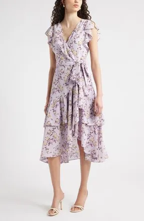 Chelsea28 Flutter Sleeve Faux Wrap Midi Dress in Purple- Tan Melody Floral at Nordstrom Rack, Size Xx-Large