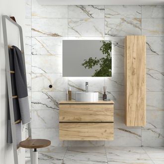 Cygnus Bath Mueble De Ba&ntilde;o Nabua 80 Cm Roble Con Tirador De Pesta&ntilde;a Con Lavabo Posar
