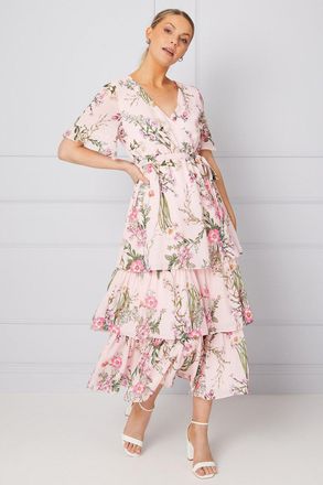 Wallis Womens Occasion Floral Print Ruffle Midi Dress - Blush - Size 12 UK