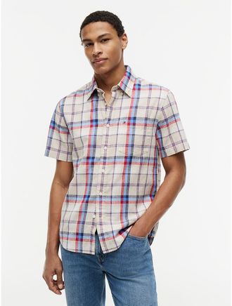 Tommy Hilfiger Mens Regular Fit Plaid Linen-Blend Shirt - Beige - XXXL