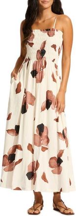Seafolly Secret Garden Shirred Cover-Up Midi Sundress in Ivory Multi at Nordstrom, Size Medium