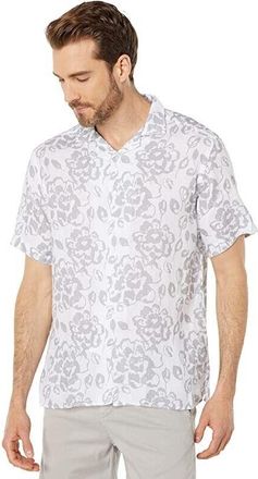 Benson Malibu Shirt Mens White Gray Floral 100% Linen Button-Up JDM932