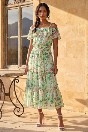 Roman Womens Floral Print Bardot Midi Dress - Mint - Size 20 UK