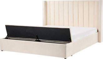 Beliani Cama Con Banco De Almacenaje De Terciopelo 180 X 200 Cm Reposacabezas Alto Blanco Crema Noyers