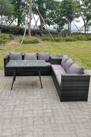 Fimous 6 Seater Grey Rattan Sofa Dining Set 2 Tables Garden Furniture Outdoor in Dark Grey