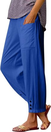 Generic Linen Trousers Women, Womens Cotton Linen Trousers with Pockets Loose Palazzo Lounge Pants Elastic Waist Wide Leg Drawstring Casual Trouser Boho Flora