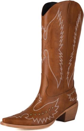 Generic Womens Knee-High Western Cowboy Boots PU Leather Wing Embroidery Metal Stud Detail Pointed Toe Low Block Heels Sleek Stitching Comfortable Non-Slip Du